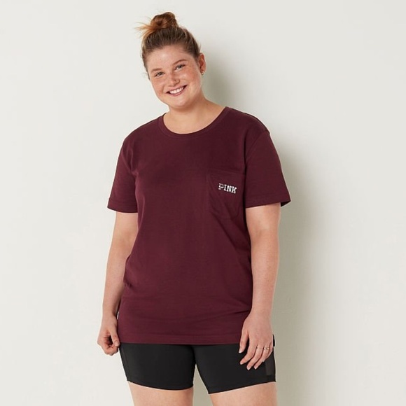 Victoria's Secret PINK Campus Short Sleeve Tee Russian Ruby Shine NEW - Picture 2 of 4